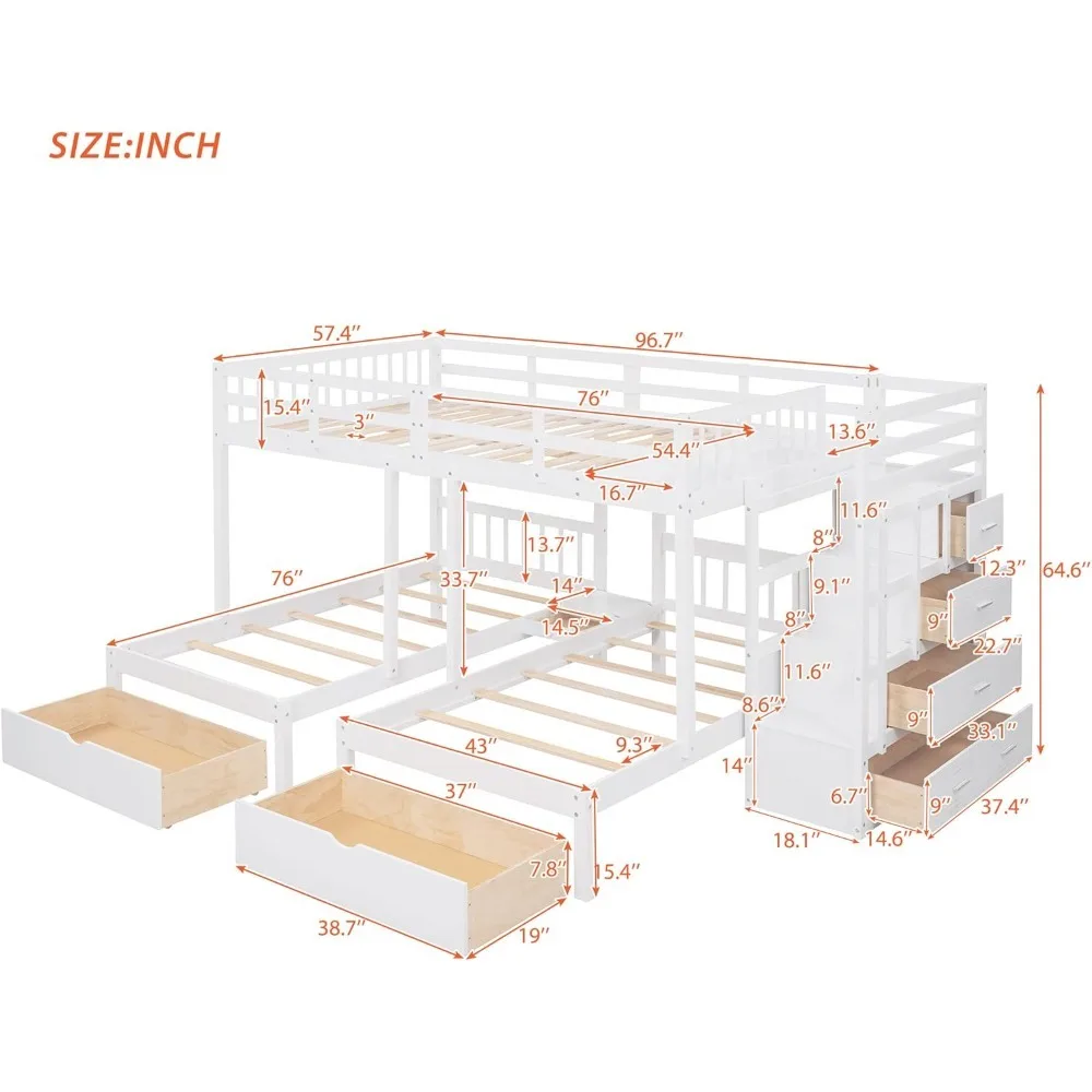 Triple Bunk Beds with Drawers, Wood Full Over Twin & Twin Bunk Bed with Storage Staircase, Triple Bed for Kids,3 Bed Bunk Beds 5