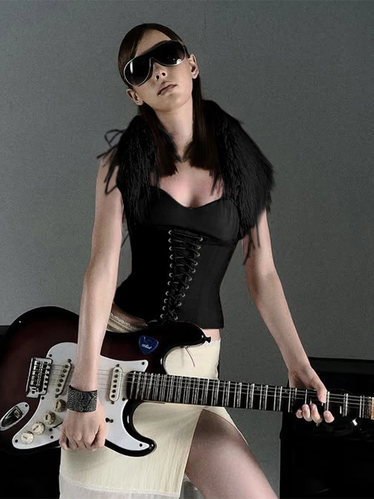 Nibber Backless Shirring Tank Tops Women Fur Patchwork Halter Bandages Sleeveless Stretch Coquette Wild Street Sexy Clubwear