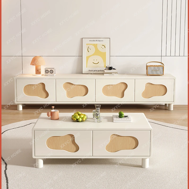 

French Cream Style TV Cabinet Solid Wood Living Room Small Apartment Home Light Luxury Coffee Table Side Cabinet Combination