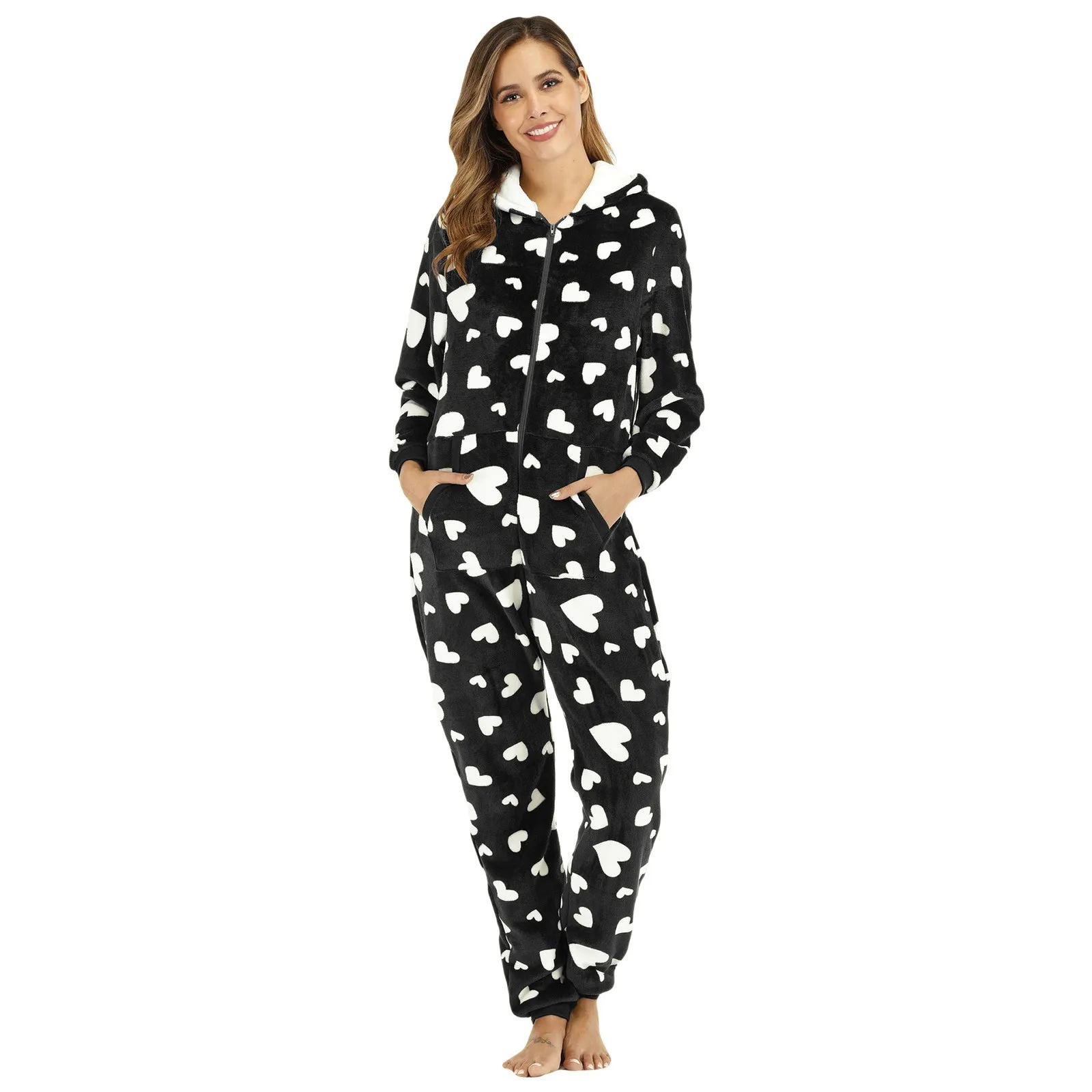 Women's Fleece Pajamas Printing Sleepwear Pajamas Hooded Jumpsuit Rompers Clubwear Nightwear Plush Drawstring Sleepwear Jumpsuit