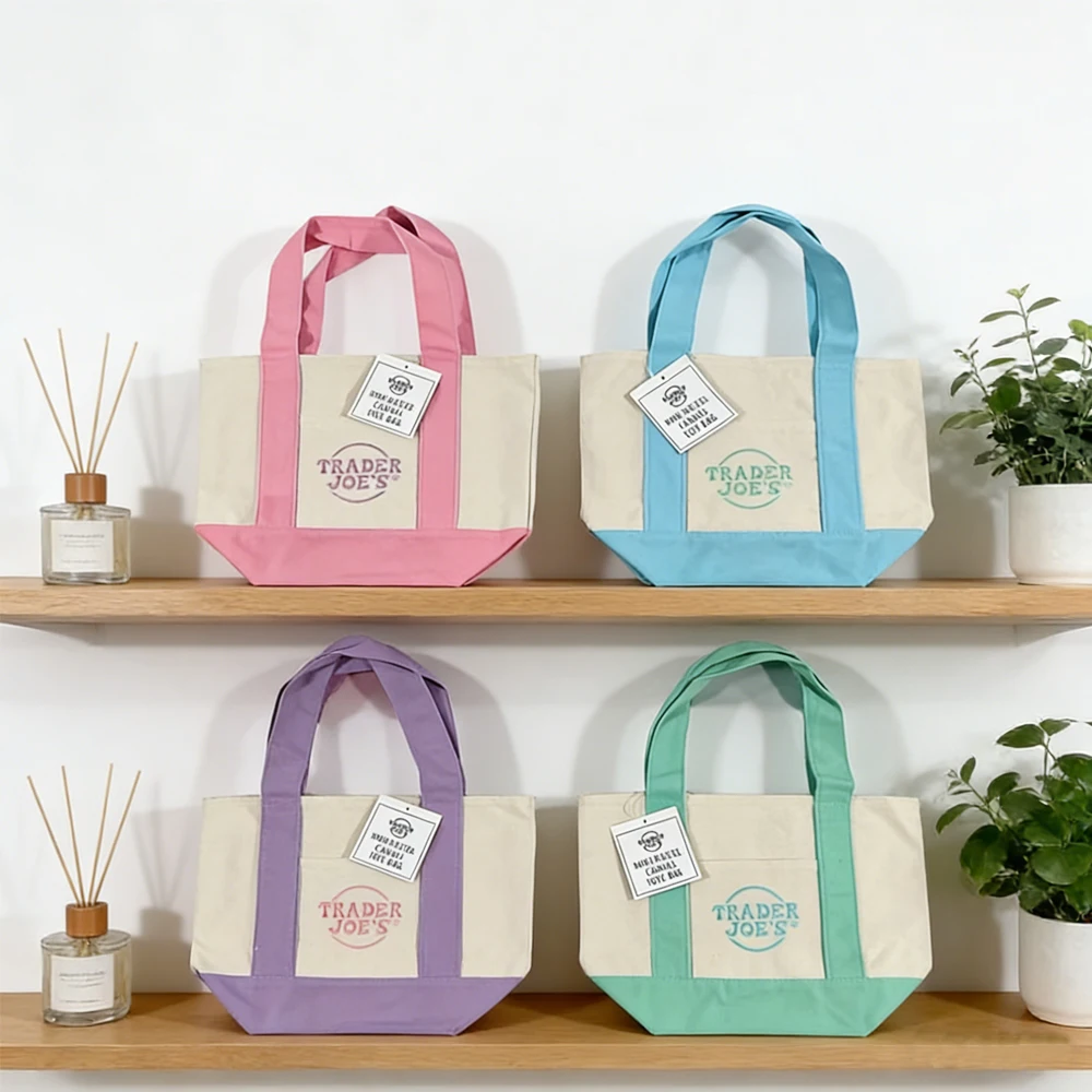 Trader Joe's mini macaron-colored canvas tote bags are reusable and eco-friendly shopping bags