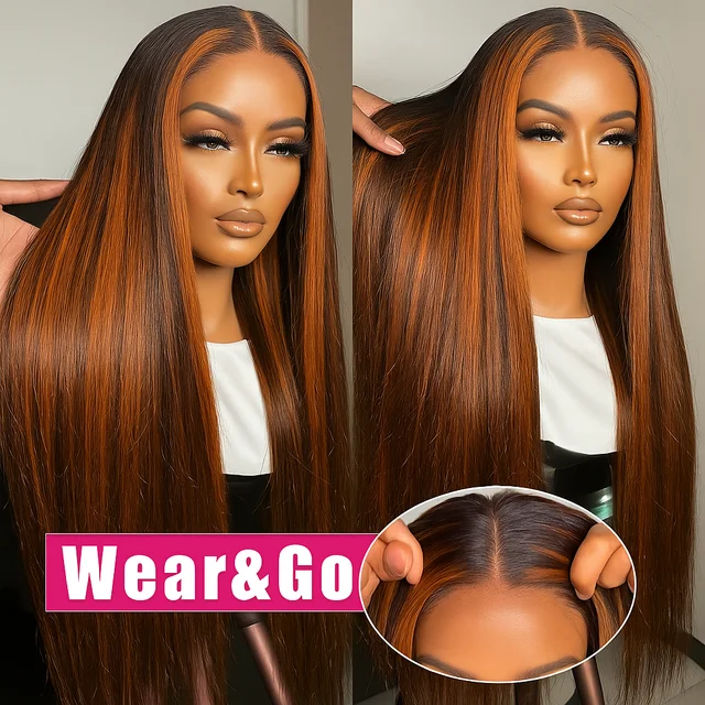 32inch 5X5 Brown Ginger Straight Lace Front Closure Wigs Human Hair Pre-Cut Lace with Baby Hair 180% Density Highlight Color Wig 4
