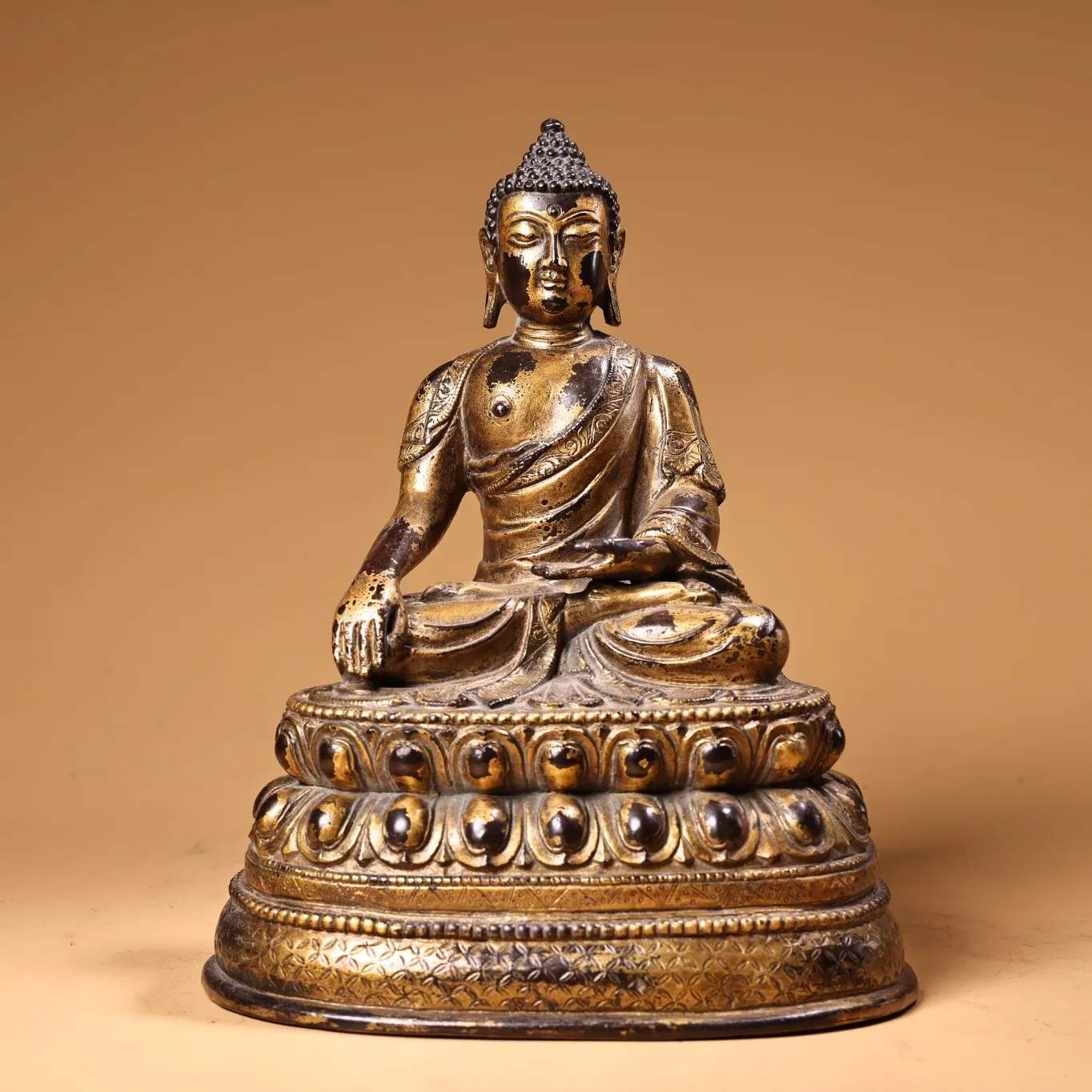 

9"Tibetan Temple Collection Old Purple Bronze Gilded Cinnabar Shakyamuni Buddha Amitabha Double Lotus Platform Worship Hall