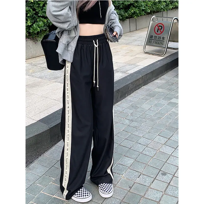 

Splicing Mopping Trousers Wide Leg Pants Women's Letter Stripe Contrast Mopping Trousers Loose Drawstring Straight Casual Pants