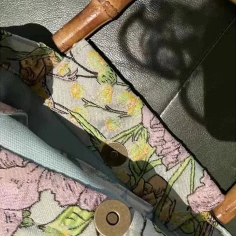 Green Peony Tote Bag Women Double Layer Bamboo Handle Large Capacity Shoulder Bags Ladies Vintage Elegant Gentle Crossbody Bag