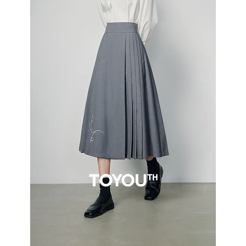 

TOYOUTH Half Skirt for Women Spring 2024 New All Grey Chinese Style Embroidered Horse Face Skirt