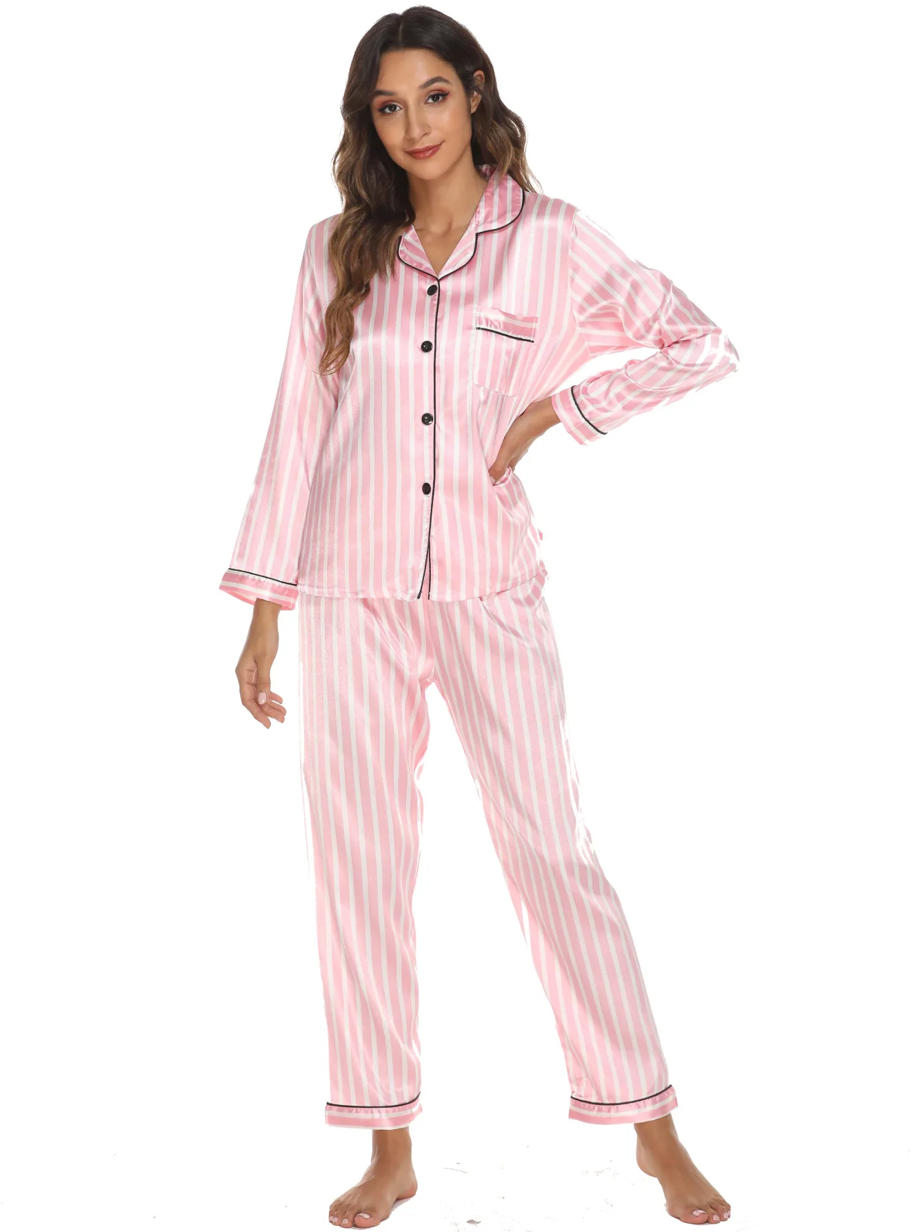 Home Lapel Cardigan Long Sleeve Casual Comfortable Breathable Cute Cartoon Green Pink Striped Cactus Summer Women's Sleepwear women bathrobe summer home clothes set