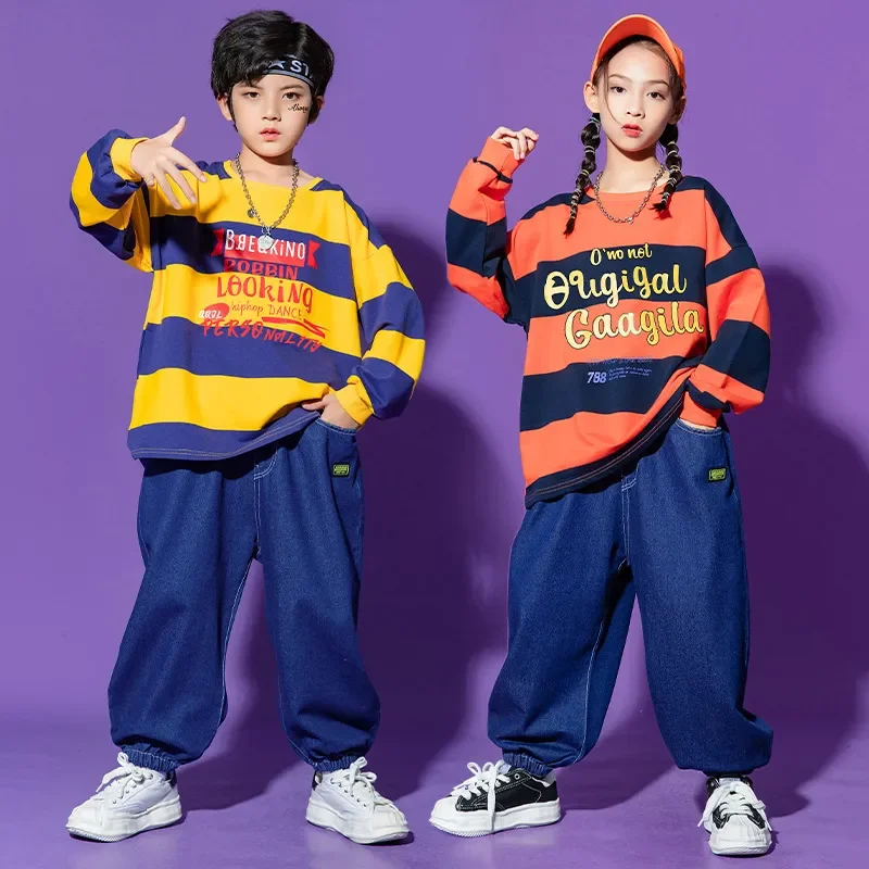 

Big Boys Girls Loose Jeans Kids Casual Fashion Denim Pants Children Streetwear Hip Hop Wide Leg Jeans Trousers and Stripe Top