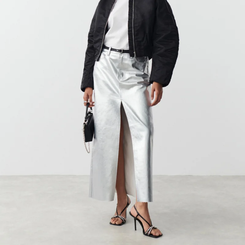 

2023 Autumn New Silver Slim Bag Hip Skirt Split PU Leather Skirt Female European Elegant Sexy Commuter Women's Wear Vestidos
