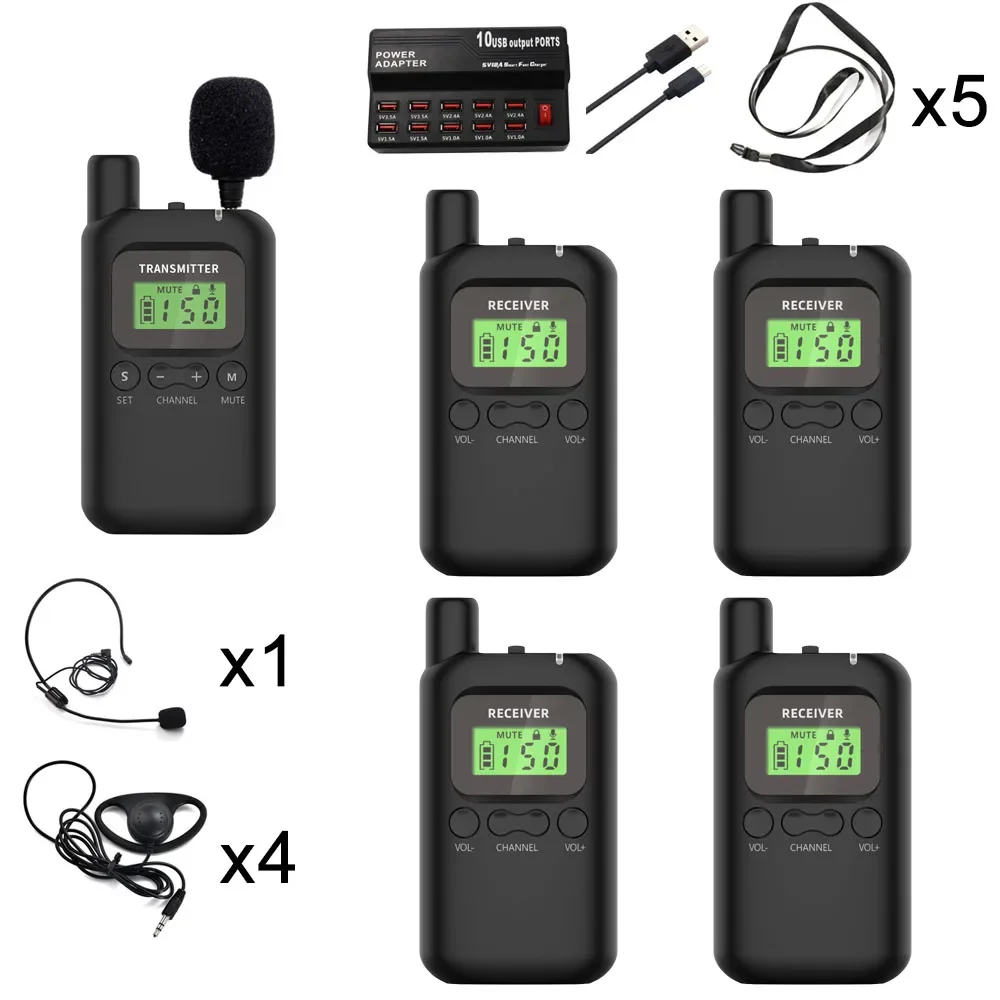 

Wireless Whisper Tour Guide System 1 Transmitter with 2 Microphones, 4 Receivers, 1 Charger for Simultaneous Interpretation