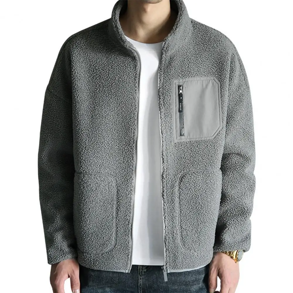 

Male Casual Jacket Men's Winter Imitation Lambswool Coat Stand Collar Long Sleeve Polar Fleece Jacket with Pockets for Casual