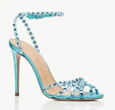 Summer PVC Bling Crystal Rhinestone 10 CM Thin Heels Sandals Woman Ankle Buckle Strap Slingback Party Shoes women slingback sandals women high heels shoes