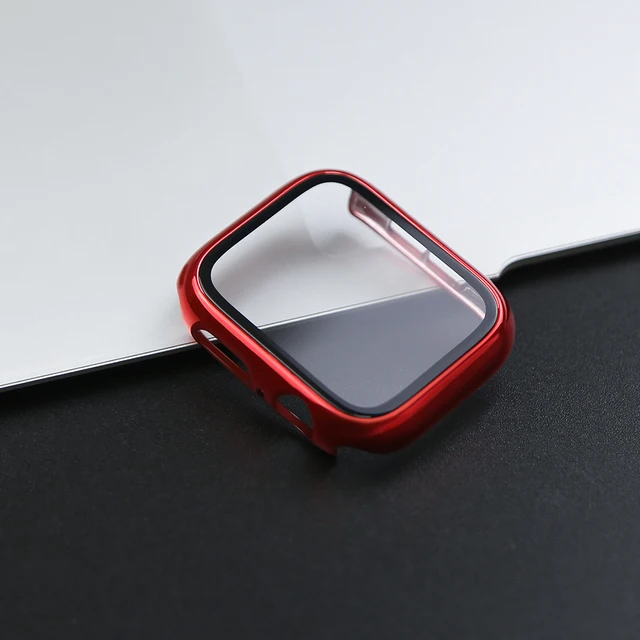 360 Full Cover for Apple Watch 45mm 41mm 44mm 40mm 42mm 38mm, Plating Case Glass Screen Protector for iwatch SE 7 6 5 4 3 2 1 Red