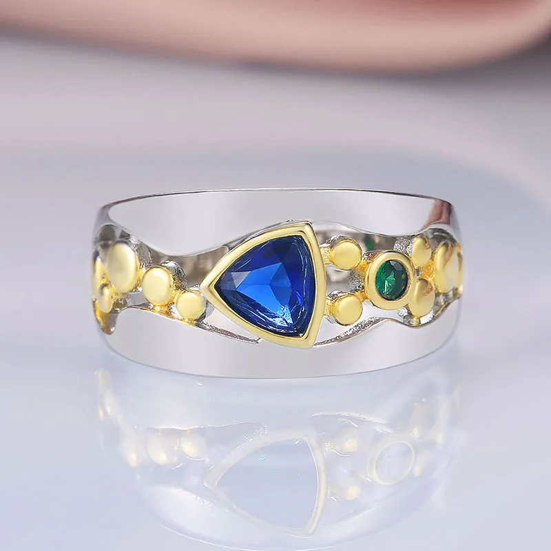 Huitan Two Tone Design Triangular Blue/Green CZ Women Rings - Image 3