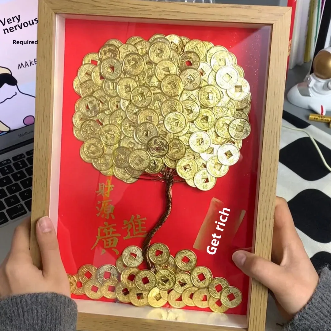 Handmade DIY Material Kit Lucky Tree Copper Coin Decorative Painting Frame Gift Decoration Item for Opening Birthday