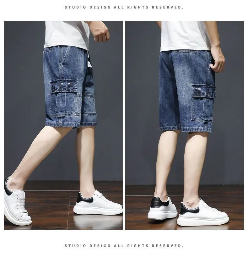 Harajuku Fashion Drawstring Designer Korean Luxury Boyfriend Multi Pocket Loose Casual Denim Jeans Men Summer Knee Length Shorts