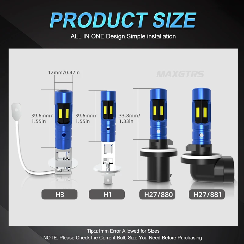 LED Car Lights 2x Front Fog Bulb Lamp H1 H3 etc for Car