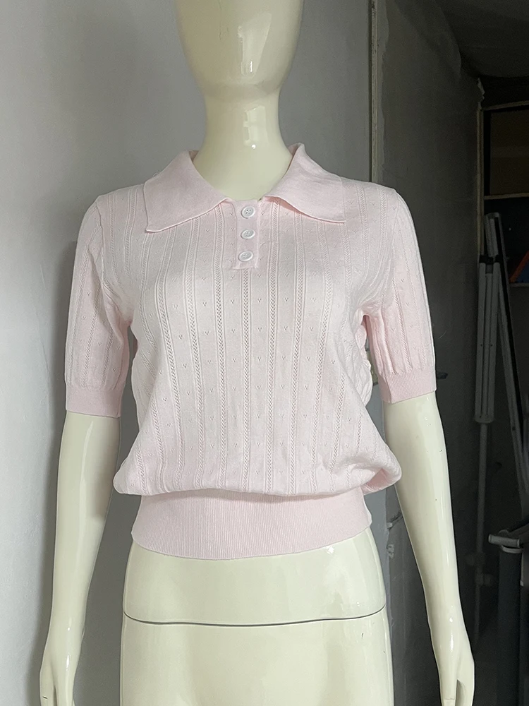Tornova Hollow Short Sleeve Knitted T Shirt For Women Lapel Casual Solid Top Pullover 2025 New Summer Fashion Female T shirt 4 S9b3fee1bb97742099889fd2f57c9feb1C