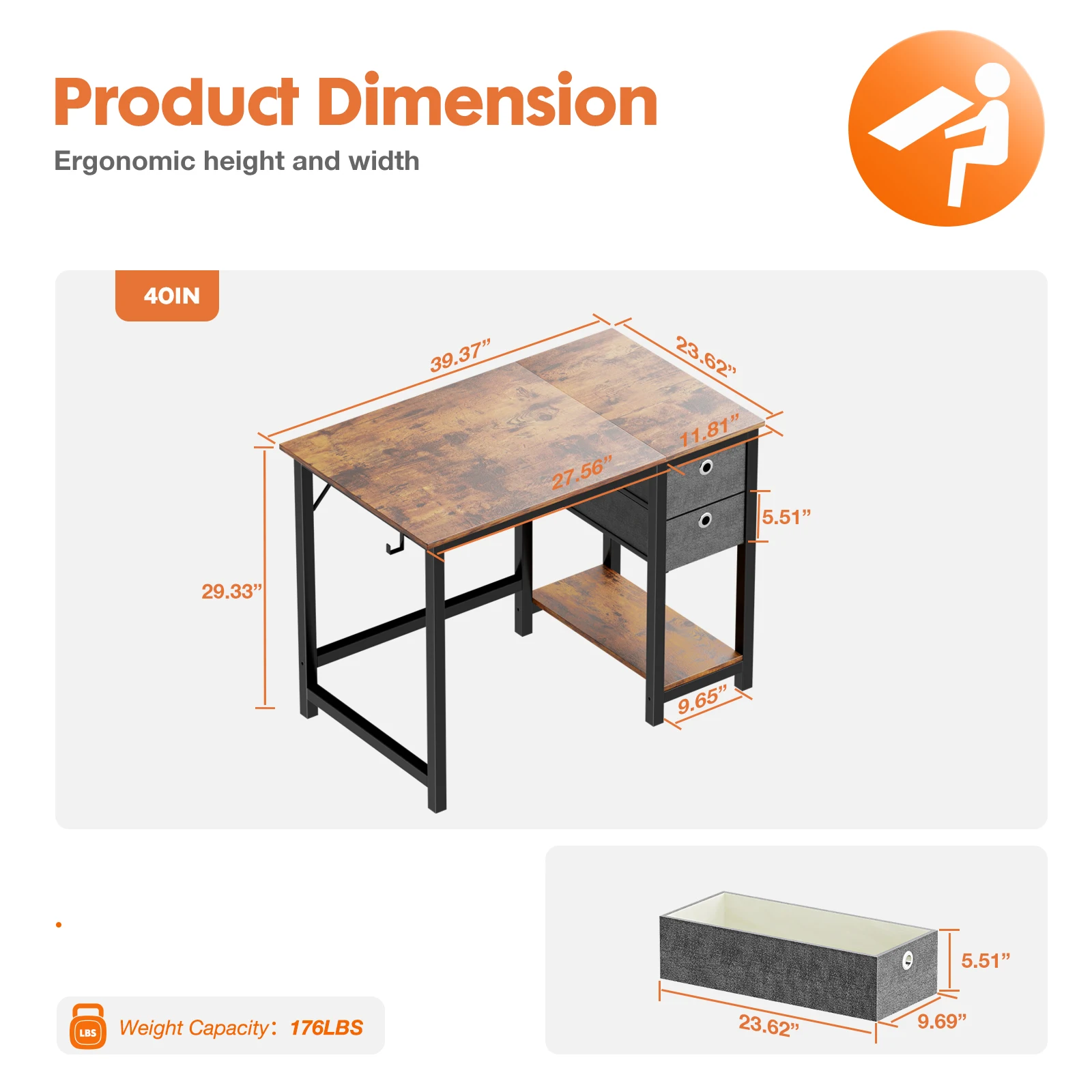 JHK Computer Desk Drawers 55 Inch Home Office Desk Writing Work PC Table Study 2-Tier Drawers