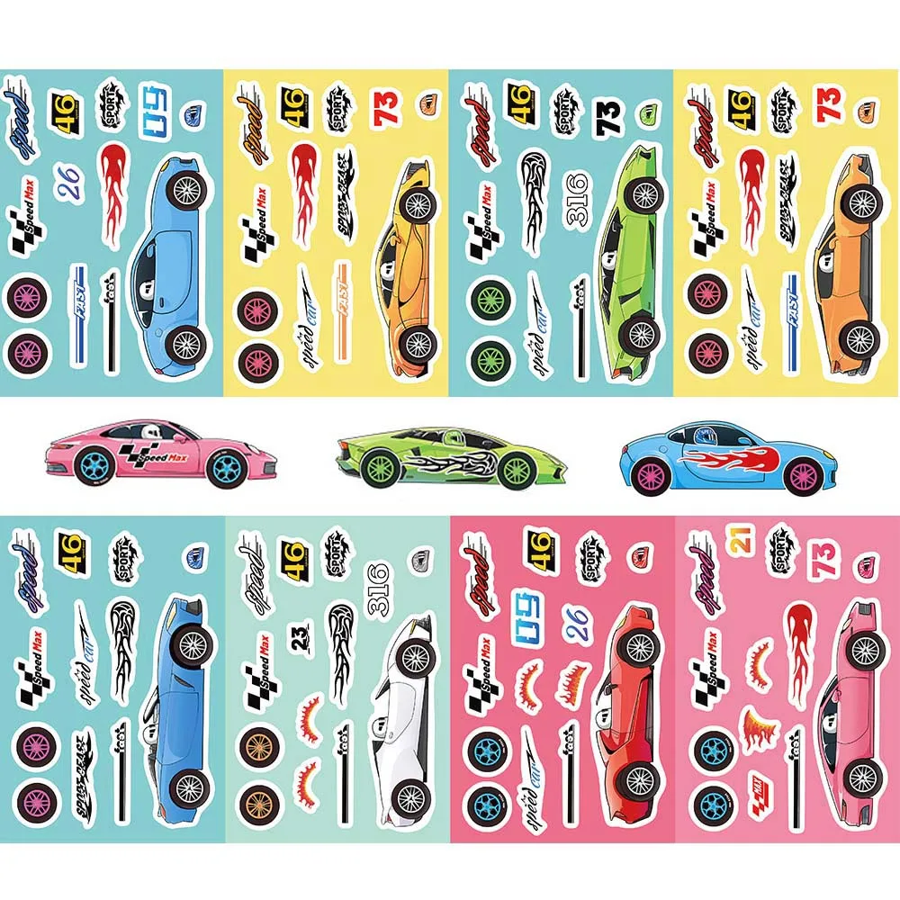 

8/16Sheets Cartoon Race Car Game Make-a-face Puzzles Varied Graffiti Stickers Travel Luggage Skateboard Helmet Notebook DIY Gift