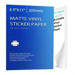 Glossy White Waterproof Printable Vinyl Sticker Paper - 20 Self-Adhesive Sheets, 8.5x11, for Inkjet & Laser Printers (Matte)
