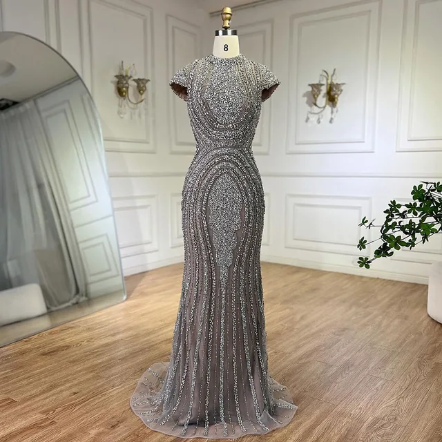 Serene Hill 2025 Arabic Dubai Gray Nude Mermaid Floor Length Beaded Luxury Evening Dresses Gown Customize Wedding Party BLA72344 1