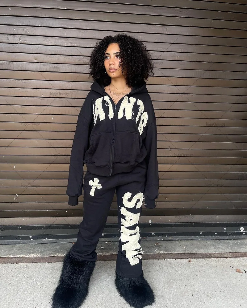 Harajuku Street Fashion Knitted Pants Cross Letter Embroidered Oversized Trousers Women Y2k Trendy Versatile Wide-leg Pants Men