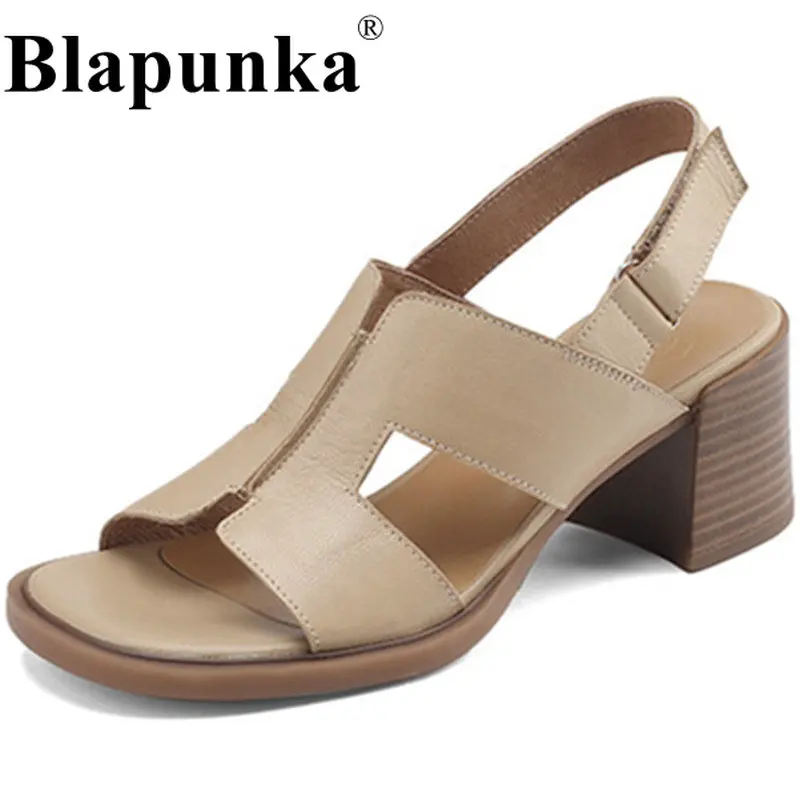 

Blapunka High Quality Sheepskin Sandals Women Thick High Heels Peep Toe Shoes Slingback Hook&Loop Chunky Heeled Sandal Sandalias