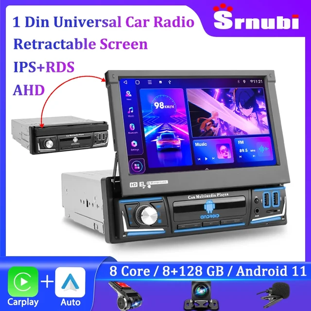 Universal 7 IPS Retractable Screen 1 din Car Radio Android Carplay Auto gps  Navigation 1Din Android 11 Multimedia Video Player - AliExpress