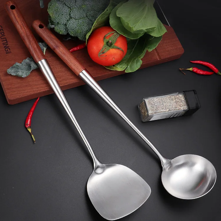 304 Stainless Steel Spatula Spoon with Wooden Handle Lengthened Cooking Spoon Anti-Scalding Cooking Shovel Kitchenware