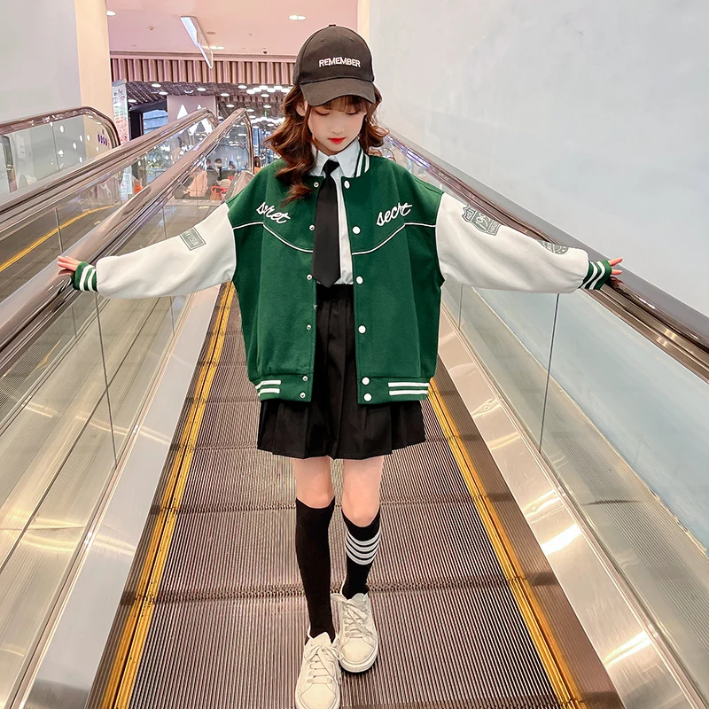 

Fashion Retro Green Black Red Embroidered Baby Girls Baseball Uniform Teens Oversized Jacket Pilot Street Harajuku Loose Jacket