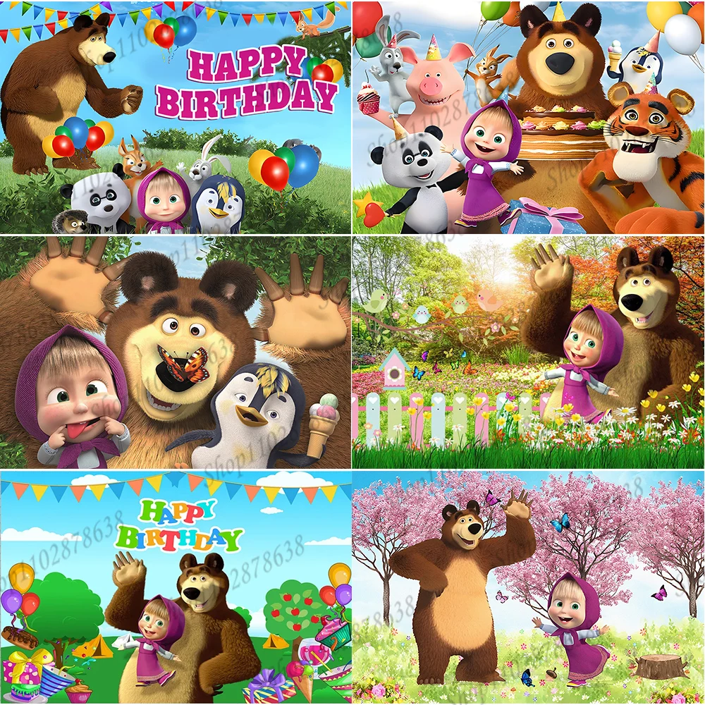 

Party Backdrop Mashas And Bear Photography Background Kids Girl 1st 2nd Birthday Party Flower Bushes Photo Banner Decor Gift