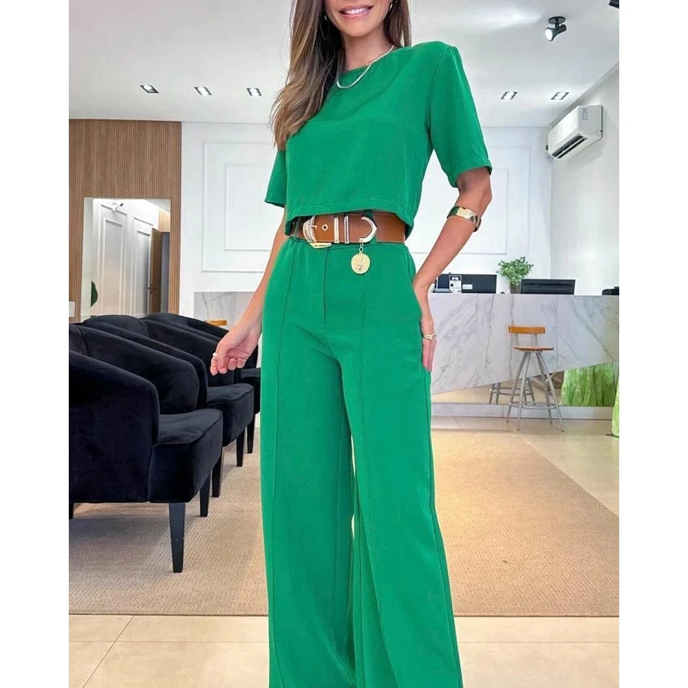 Women's Fashion Summer Casual O-neck Short Sleeve Top & Wide Leg Pant Sets Ensembles Femme Office Lady 2 Pieces Set Suits Ladys