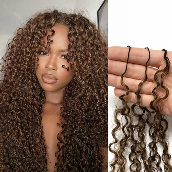 #4 Brown Pixie Curly Miracle Knots Crochet Hair Extensions Bulk Human Hair Afro Kinky Curl Invis Micro Loop Feather Crochet Hair 1