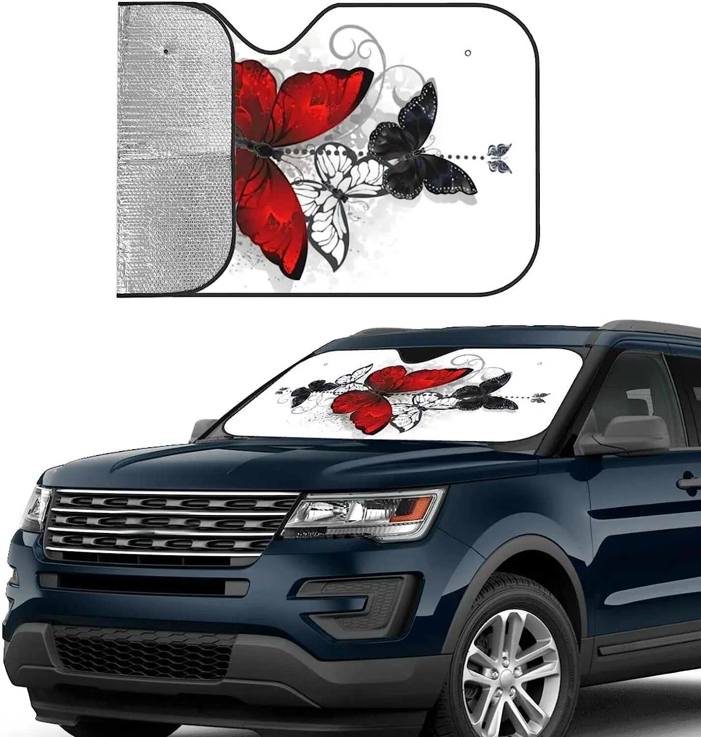 Red and Black Butterfly Windshield Sunshade for Car SFolding Car Sun Shade for Front Window Auto Sun Visor Heat Protection