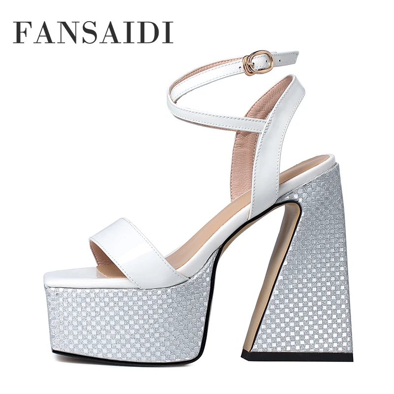 

FANSAIDI Waterproof Genuine Leather Platform White Green Sandals Summer Fashion Block Heels Party Shoes Chunky Heels Sexy