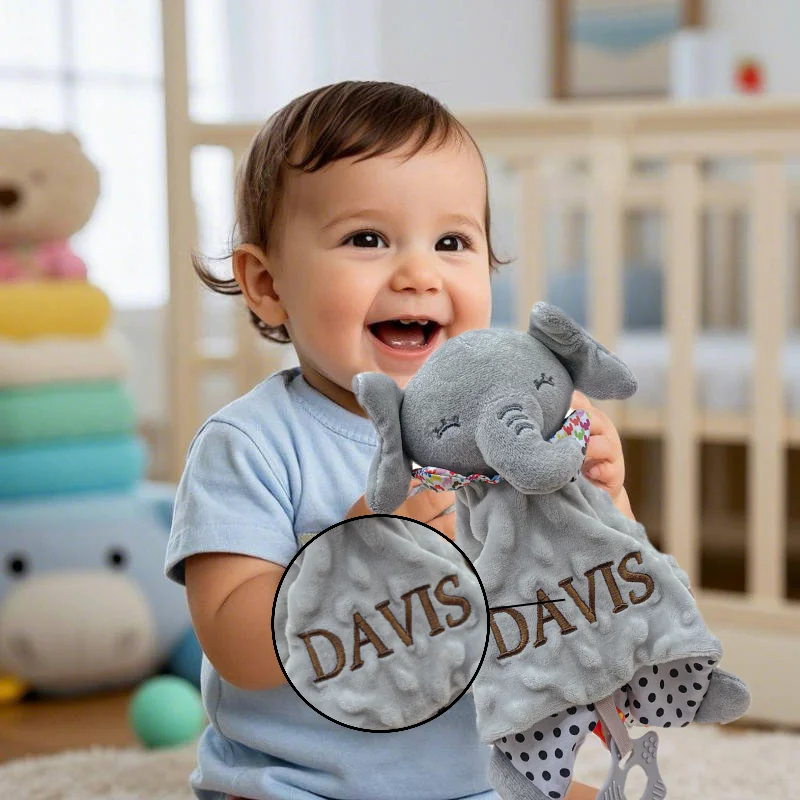 Security Blanket Personalised Baby Elephant Security Blanket with Silicone Teether Organic Cotton Comforter Infant Shower Gifts