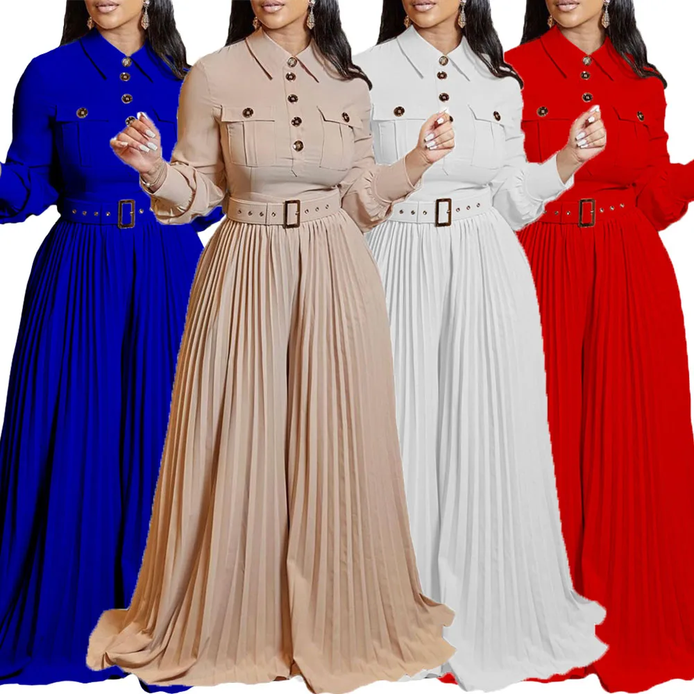

Dashiki African Elegant Fashion Women Pleated Jumpsuits Long Sleeve Wide Leg Pants Rompers Party Office Outfits with Belt 2024