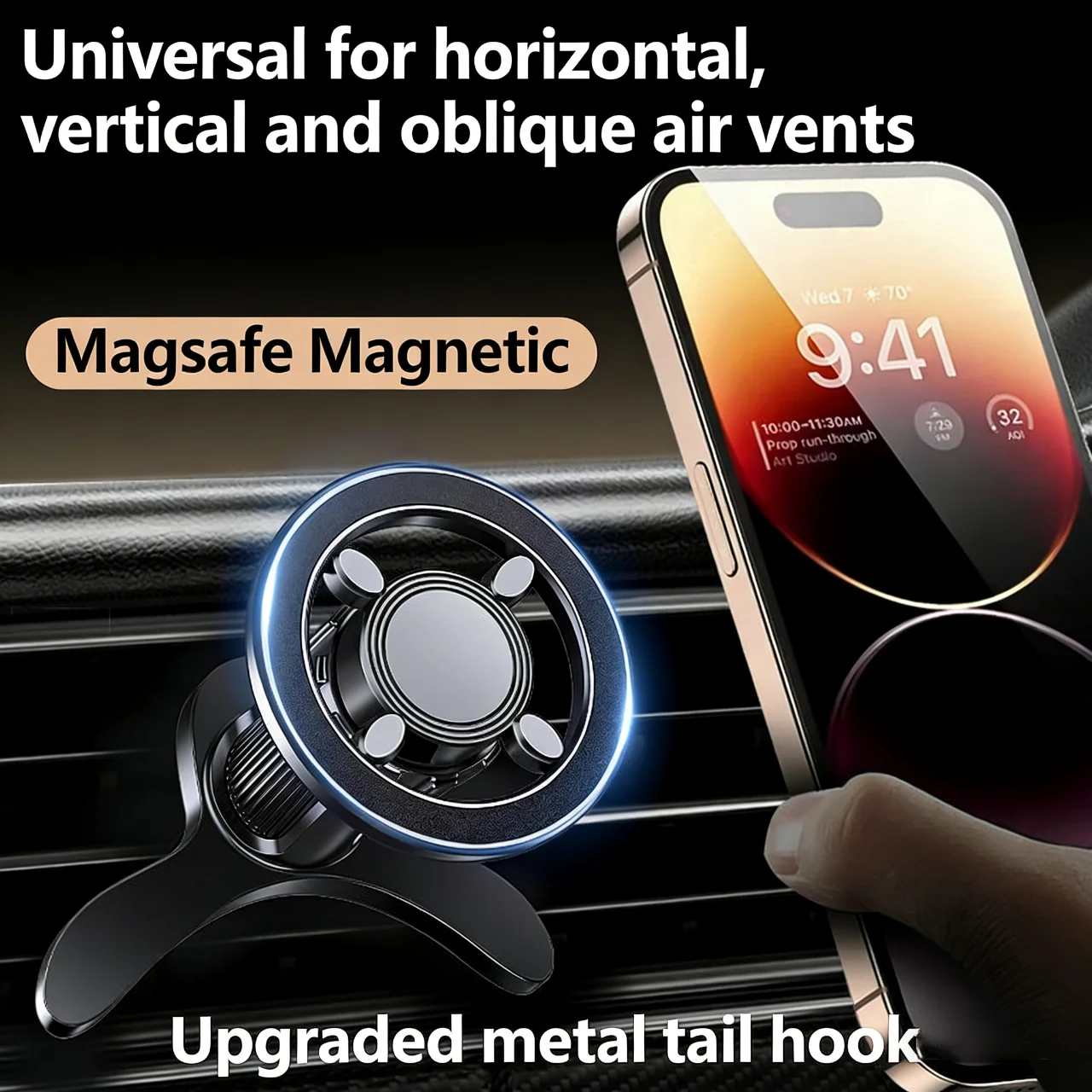 MagSafe Car Mount with 360° Rotation and Magnetic Ring - 17 N52 Magnets Air Vent Phone Holder