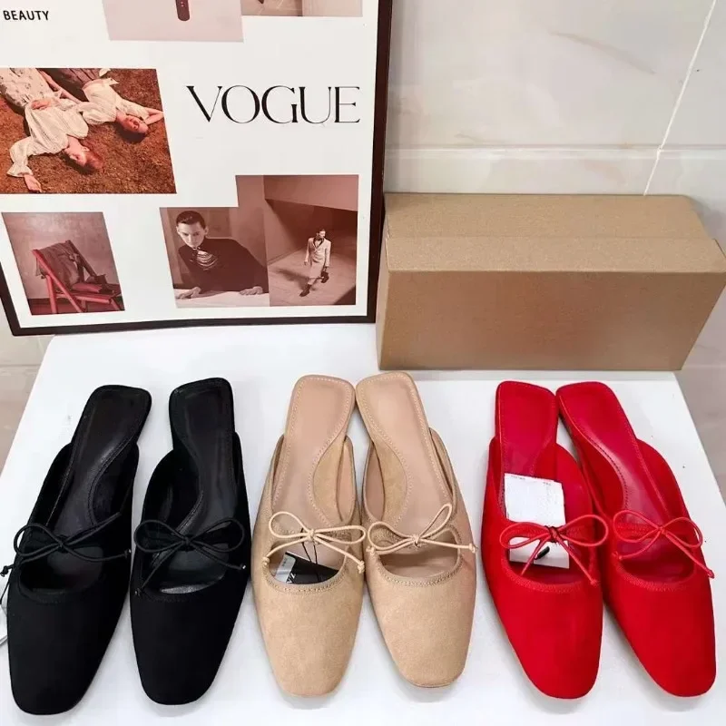 Summer Slingbacks Flat Ladies Designer Sandals Versatile Bow Suqare Toe Casual Light Slip-on Brand Chic Women Mules Shoes