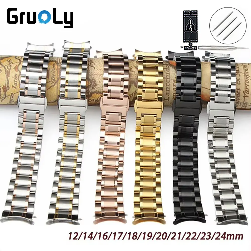 Curved End Stainless Steel Watch Band with Butterfly Buckle - Multiple Size Options Available