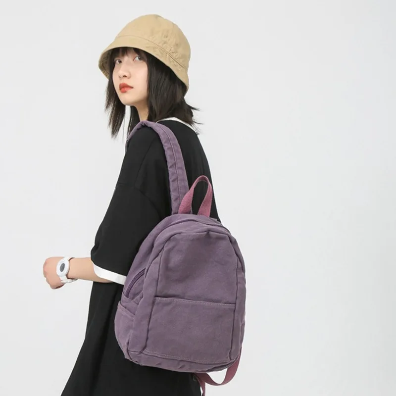 Women's Backpack 2024 New Washed Canvas Art Simple Fashion Casual Versatile Solid Color Mini Mochila