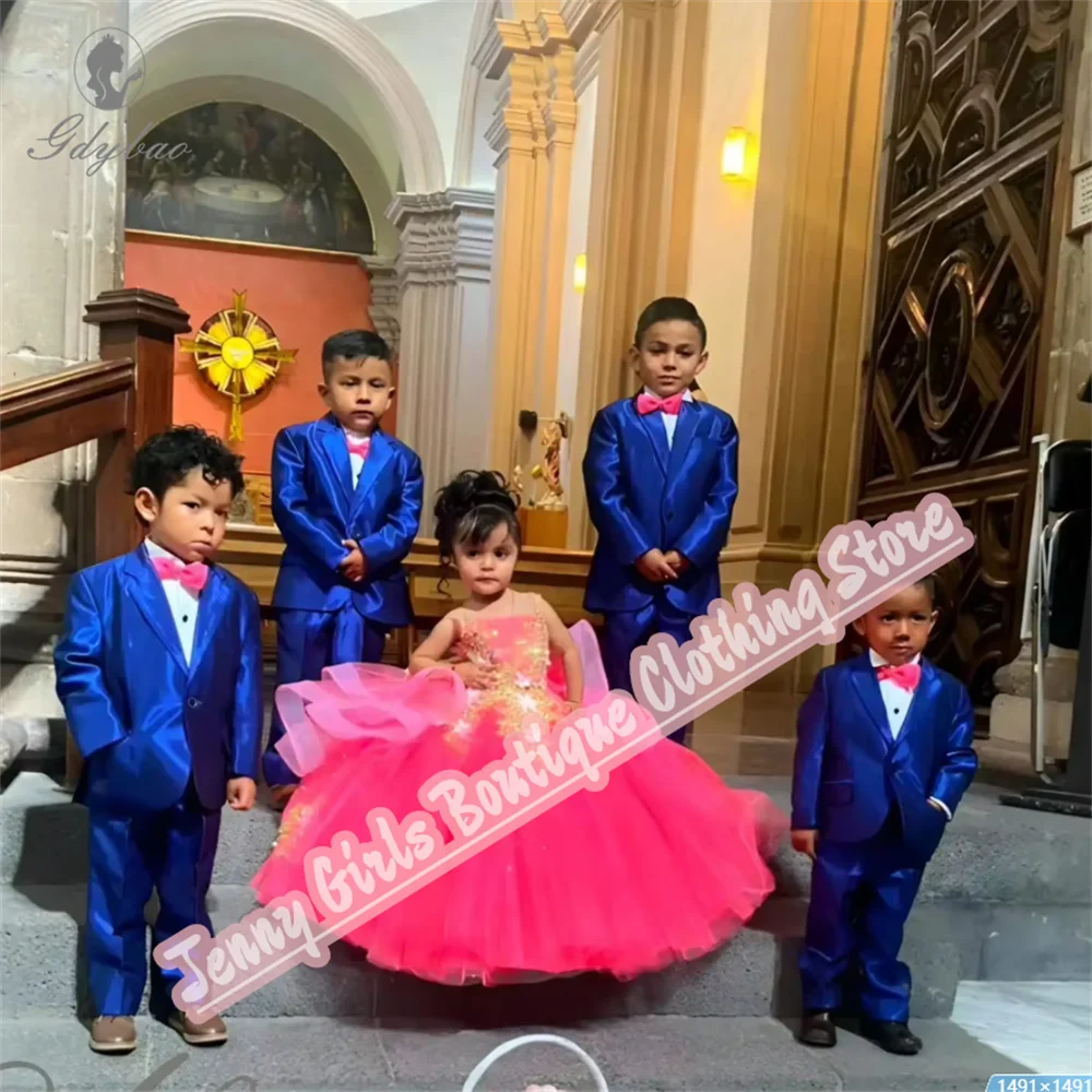 Rose Pink Girl Party Long Dresses Gold Appliqued Wedding 2025 Customized Birthday Pageant Feast Events Dress 5