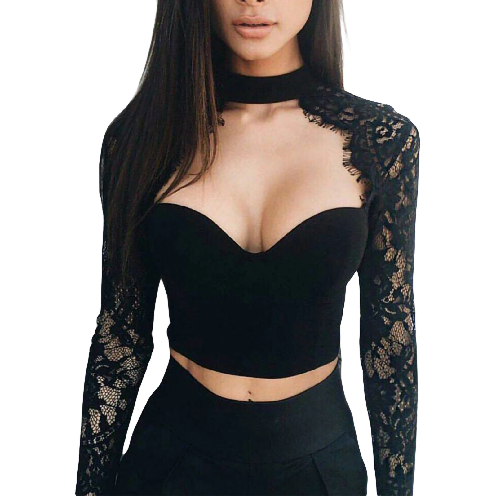 Women See Through Lace Mesh Sheer Long Sleeve Crop Tops Fashion Solid Color  Zipper Slim Hollow T-shirt Black/White - AliExpress