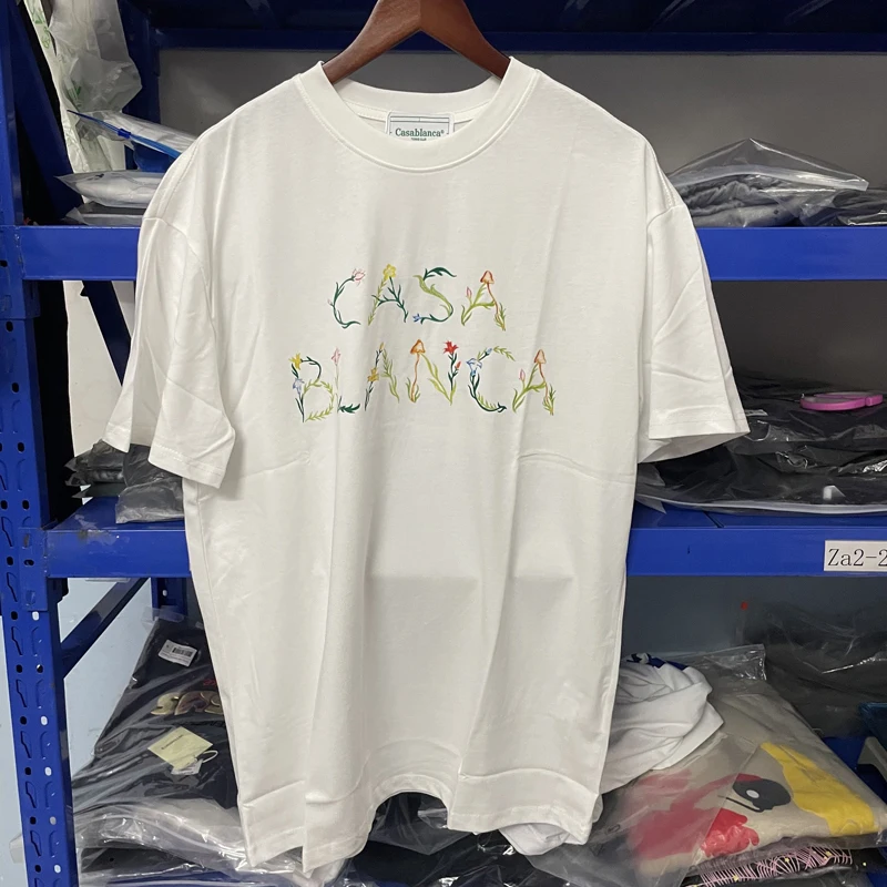 

Casablanca White T-Shirt Men Women Flower Logo Letter Printing Pure Cotton Oversized Short Sleeves