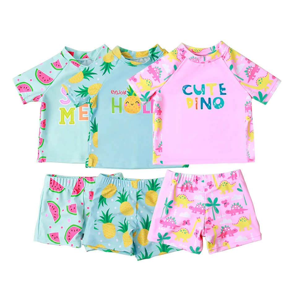 

New Girl Swimsuit Short Sleeved Shorts Girl Baby Swimsuit Comfortable High Elasticity Watermelon and Pineapple Dinosaur Pattern