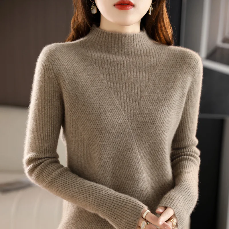 Cashmere Sweater Women Pure Color Half high collar Casual Long-sleeved Loose Pullover Cashmere Sweater Women\'s
