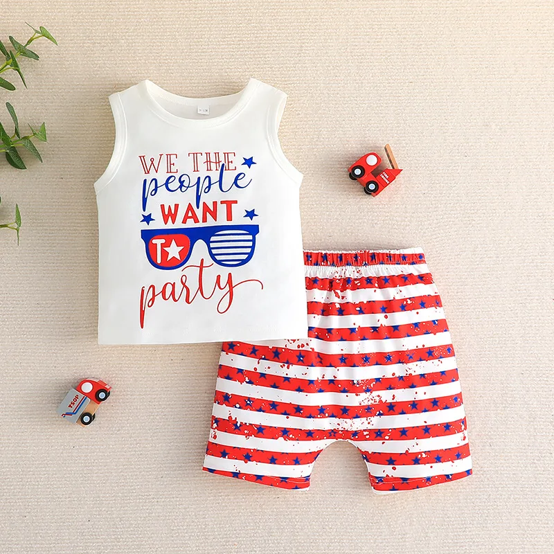 

2023 New Baby Independence Day Tank Top+Trouser Set Fashion Summer Baby Letter Shorts Two Piece Set