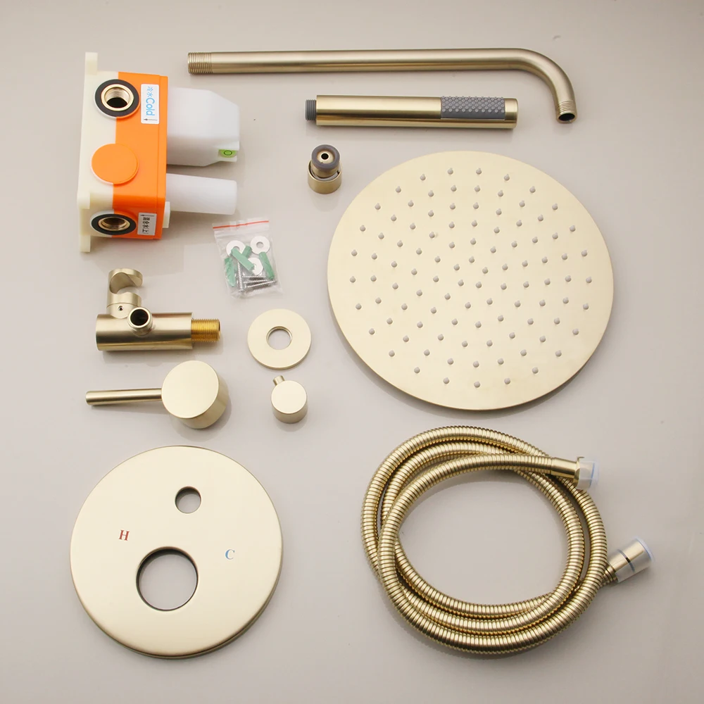 KEMAIDI Wall Mount 10" Brushed Gold Shower Faucet Set Rainfall Shower Tap With Embedded Box Mixer Tap Bathtub Kits