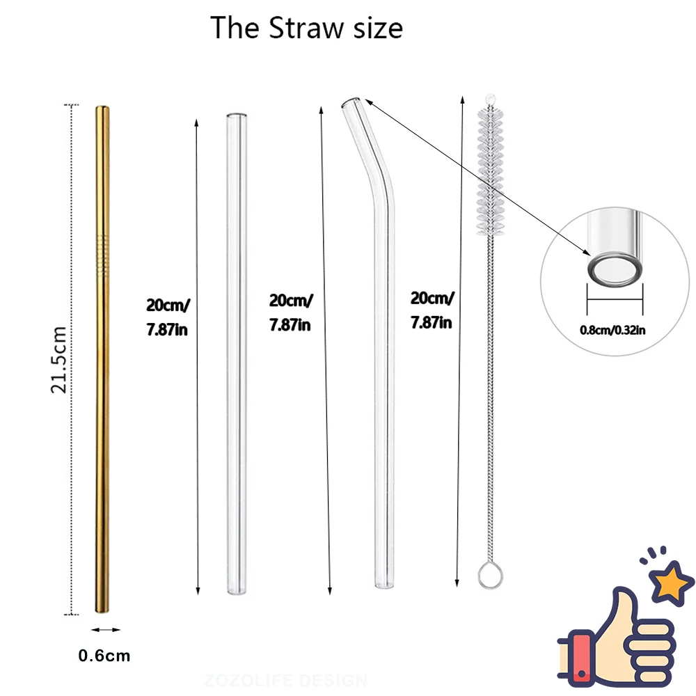Eco-Friendly Reusable Glass and Metal Drinking Straws with Cleaning Brushes for Smoothies and Cocktails
